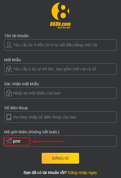 code 888b sẽ tự động điền vào khi bạn đăng ký qua link của 88b.digital